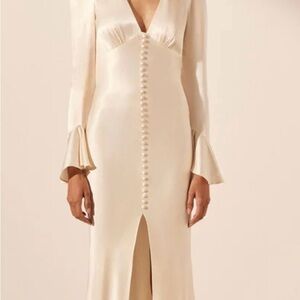 Shona Joy La Lune Frill Cuff Bias Midi Dress Cream Silk